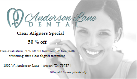 50% off clear aligners special; includes free evaluation, 50% off treatment and free teeth whitening after treatment